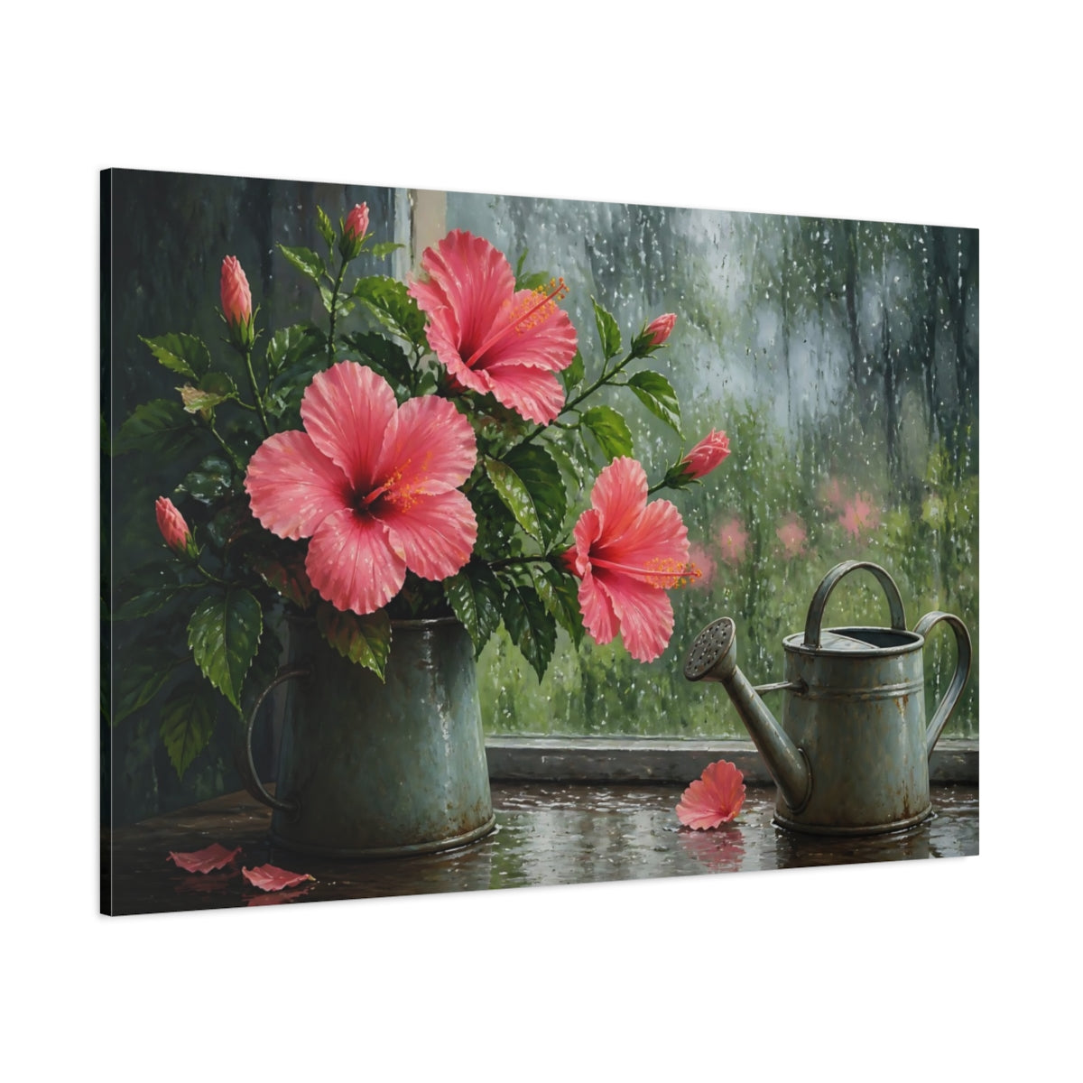 Side Mockup 1. Rainy Window Hibiscus shown as canvas print