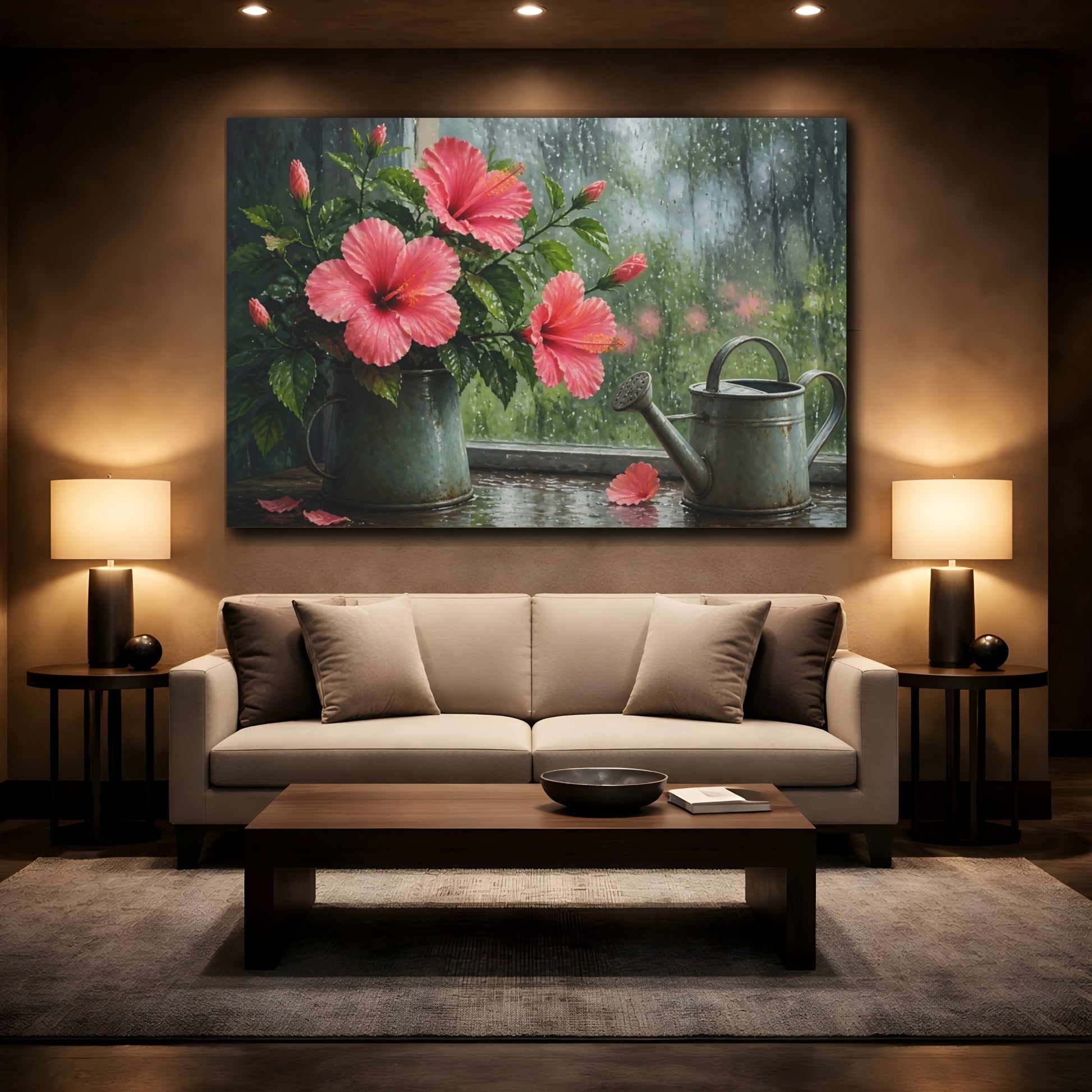 Mockup 2. Rainy Window Hibiscus shown as canvas print