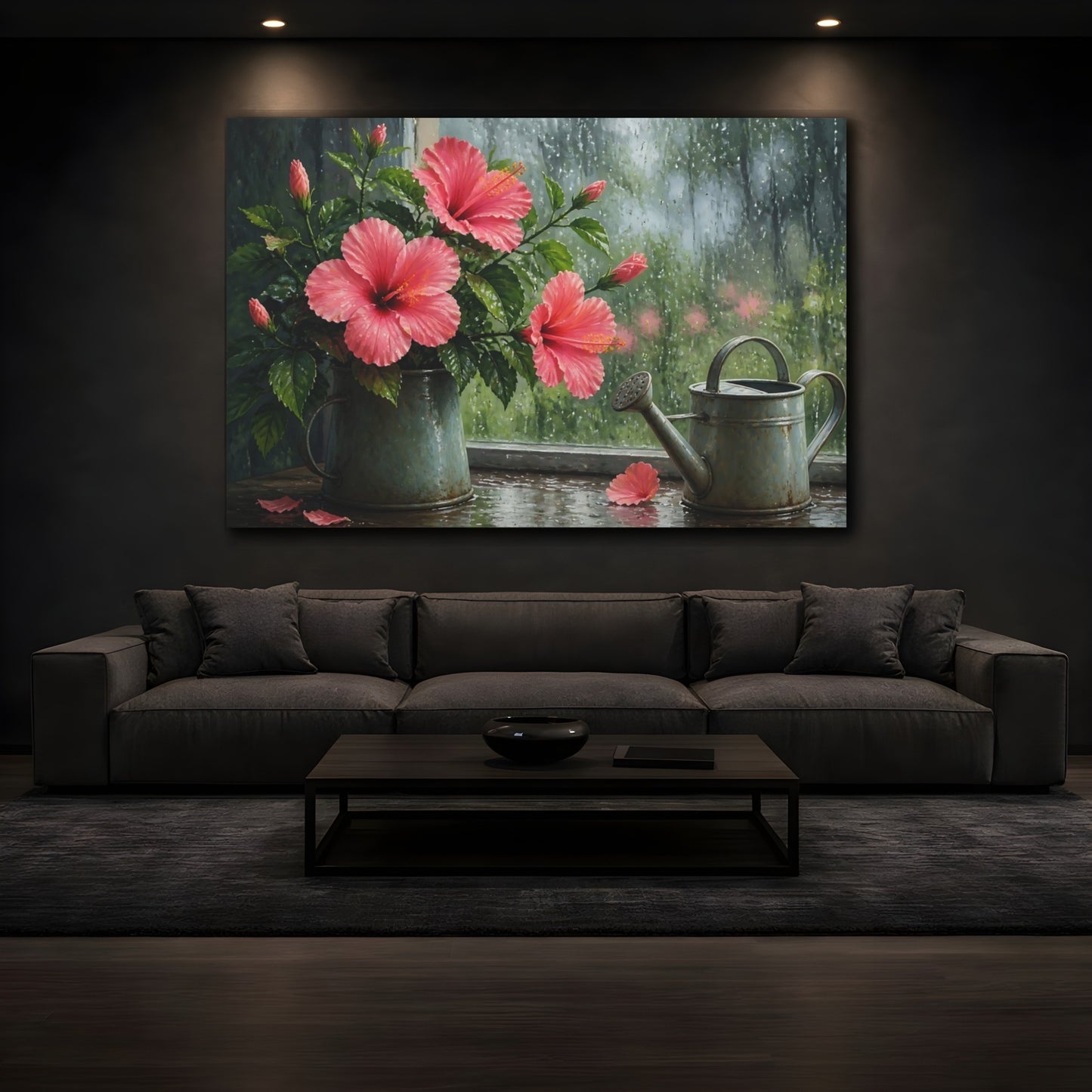 Mockup 3. Rainy Window Hibiscus shown as canvas print