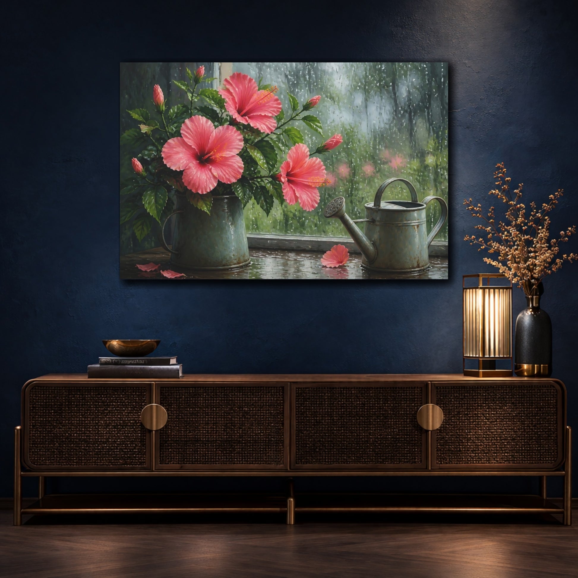 Mockup 4. Rainy Window Hibiscus shown as canvas print