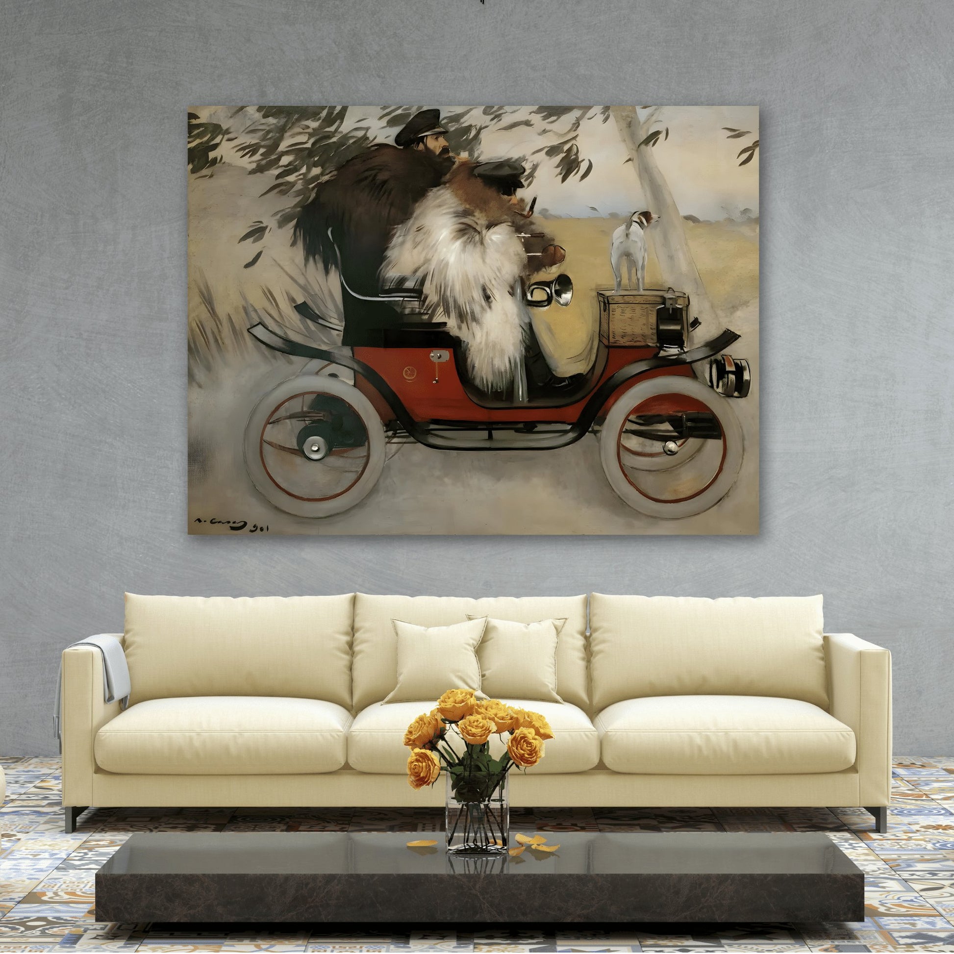 Ramon Casas and Pere Romeu In An Automobile - Canvas Wall Art Print