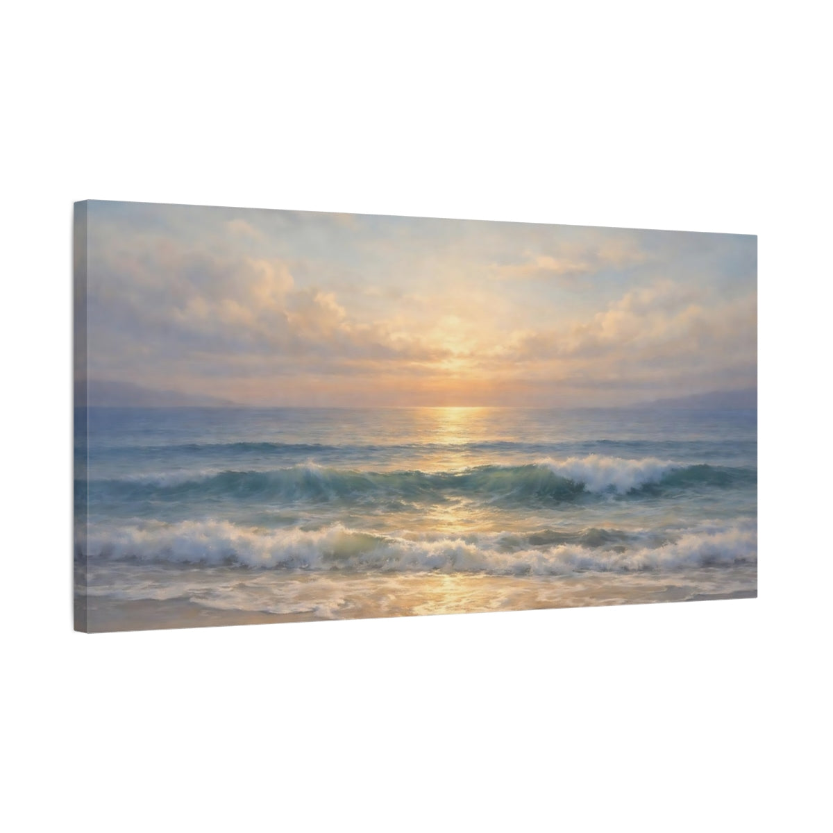 Side Mockup 2. Nature Ocean Waves Coastal Sunset shown as stretched canvas wall art