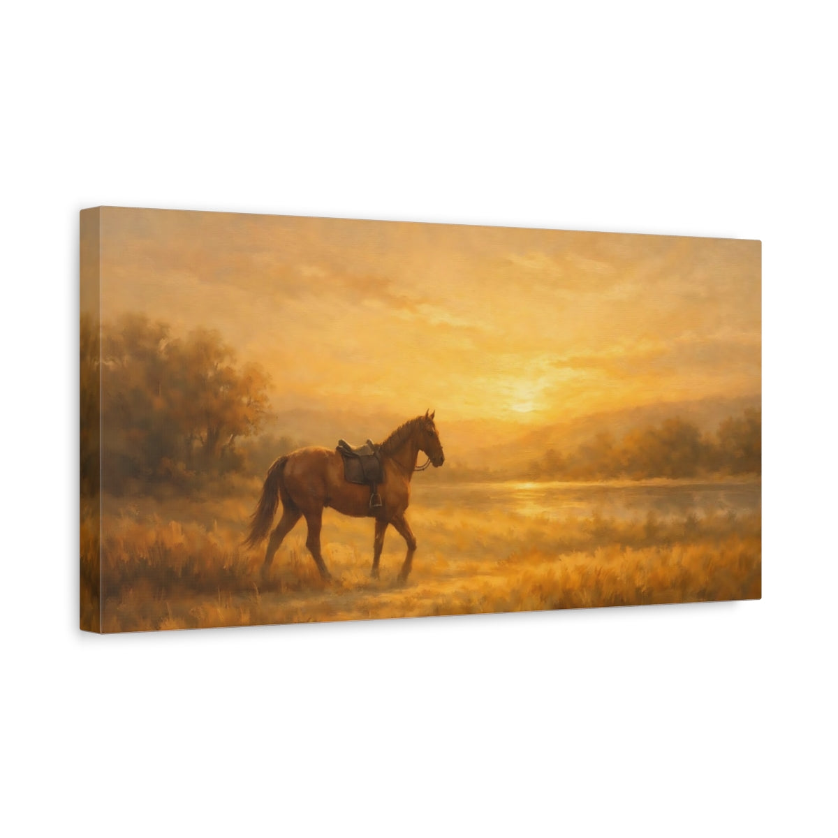 Side Mockup 3. Animals Horse Golden Hour Horse shown as stretched canvas wall art
