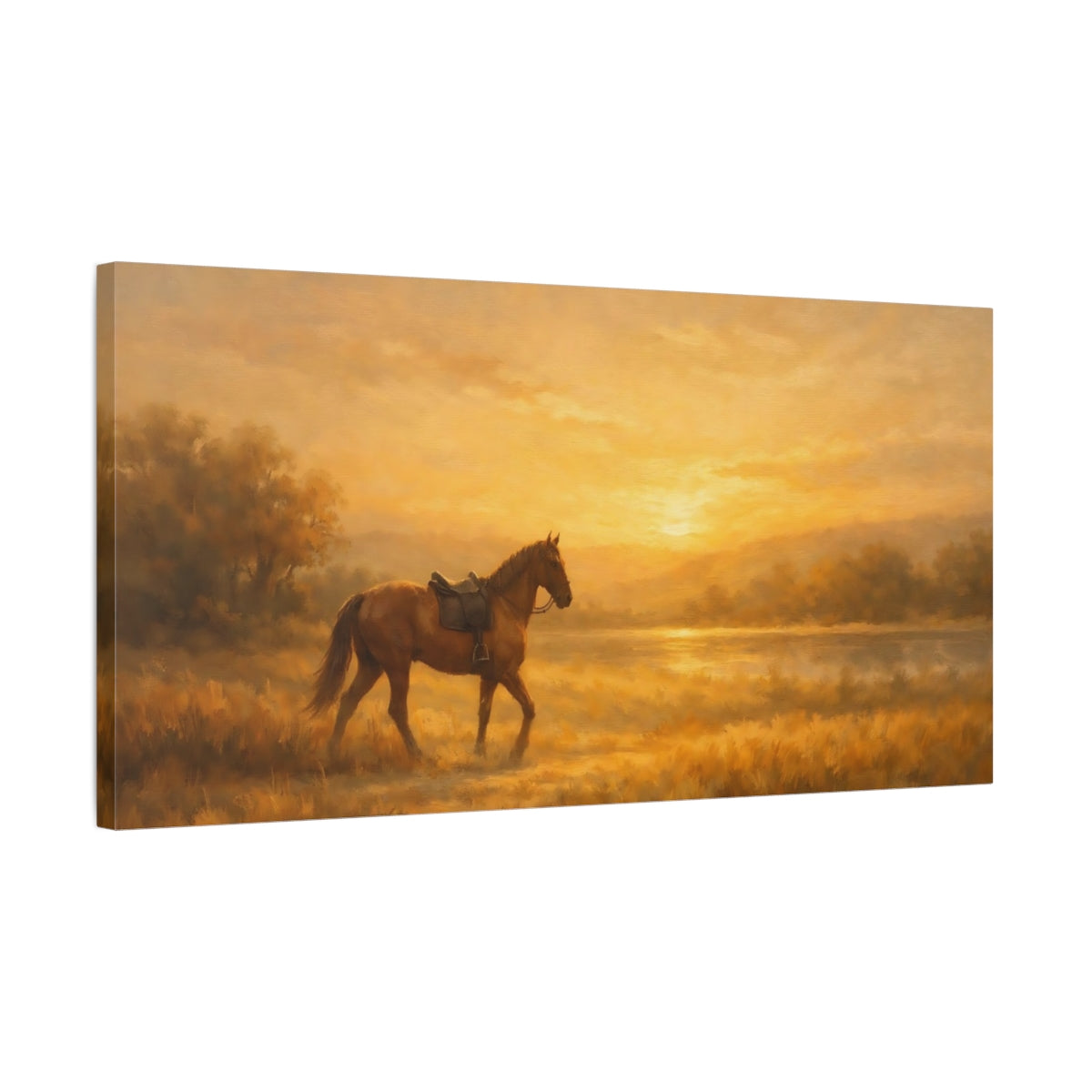 Side Mockup 2. Animals Horse Golden Hour Horse shown as stretched canvas wall art