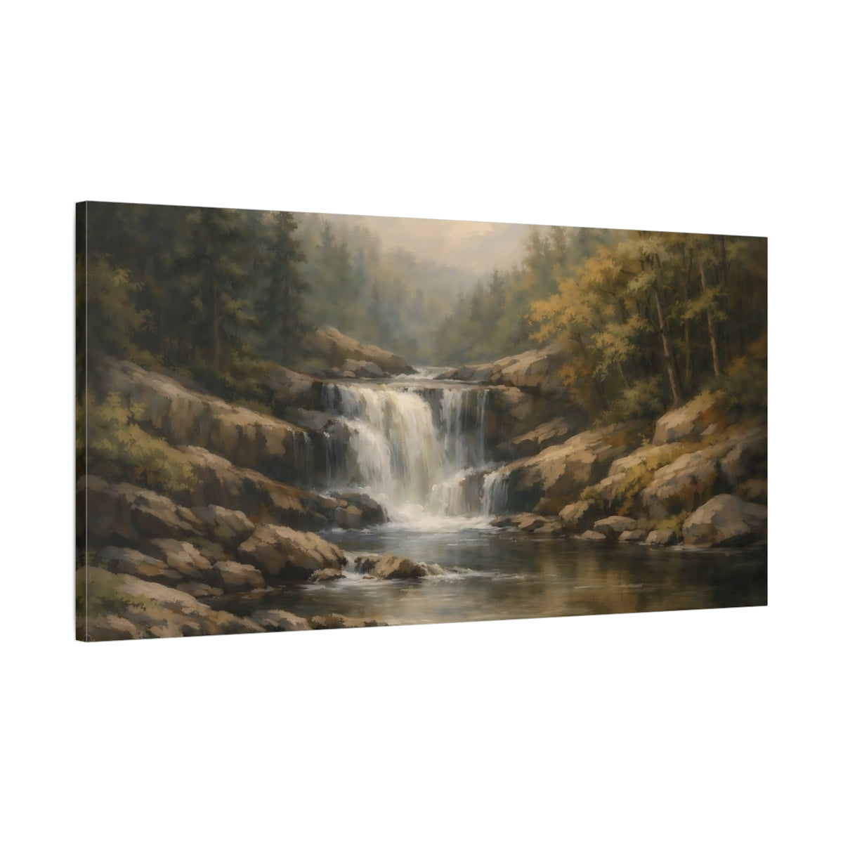 Side Mockup 1. Nature Waterfall Earthy Landscape shown as stretched canvas wall art