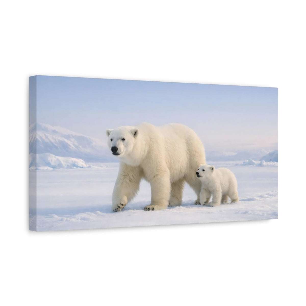 Side Mockup 3. Animals Polar Bears White And Blue shown as stretched canvas wall art