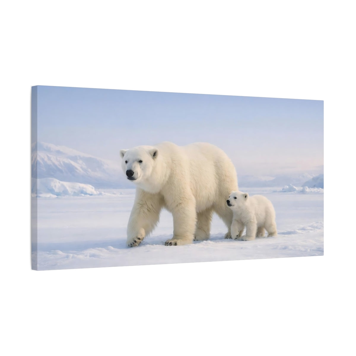 Side Mockup 2. Animals Polar Bears White And Blue shown as stretched canvas wall art