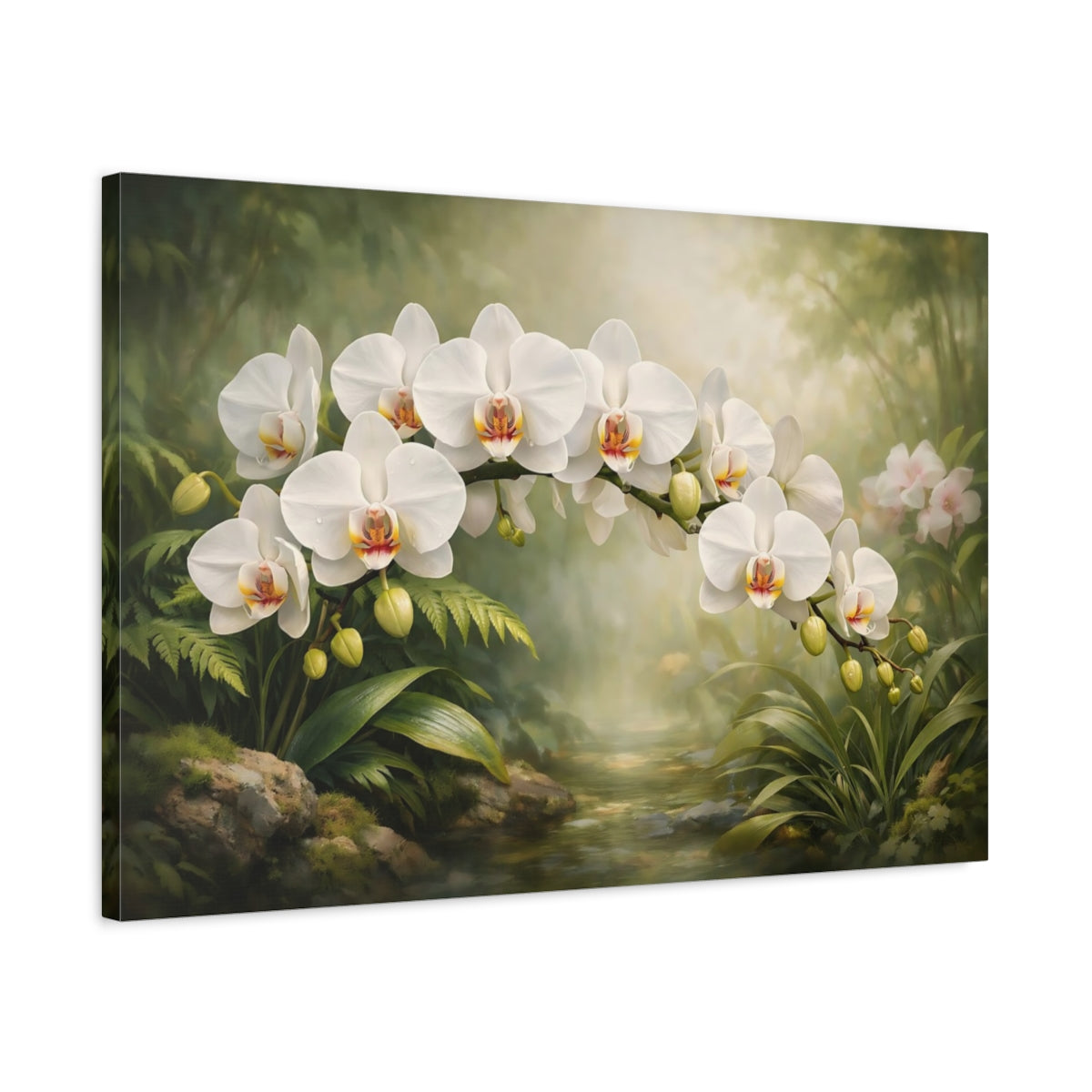 Side Mockup 2. Floral White Orchids White Orchid Garden shown as stretched canvas wall art