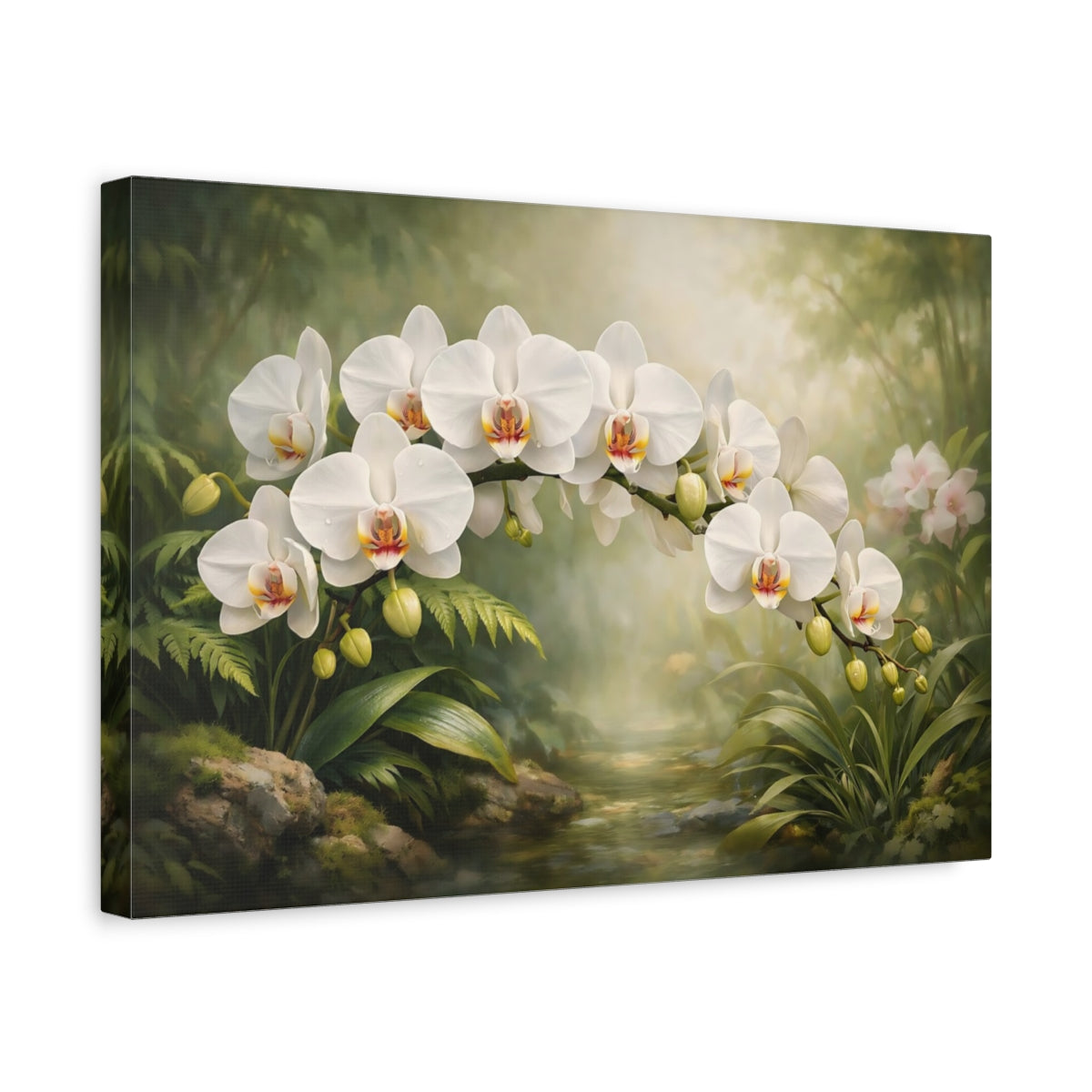 Side Mockup 4. Floral White Orchids White Orchid Garden shown as stretched canvas wall art