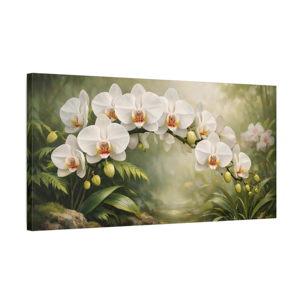 Side Mockup 2. Nature Orchid Flowers White Orchid shown as stretched canvas wall art