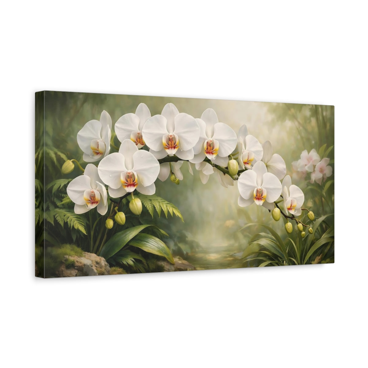 Side Mockup 3. Nature Orchid Flowers White Orchid shown as stretched canvas wall art