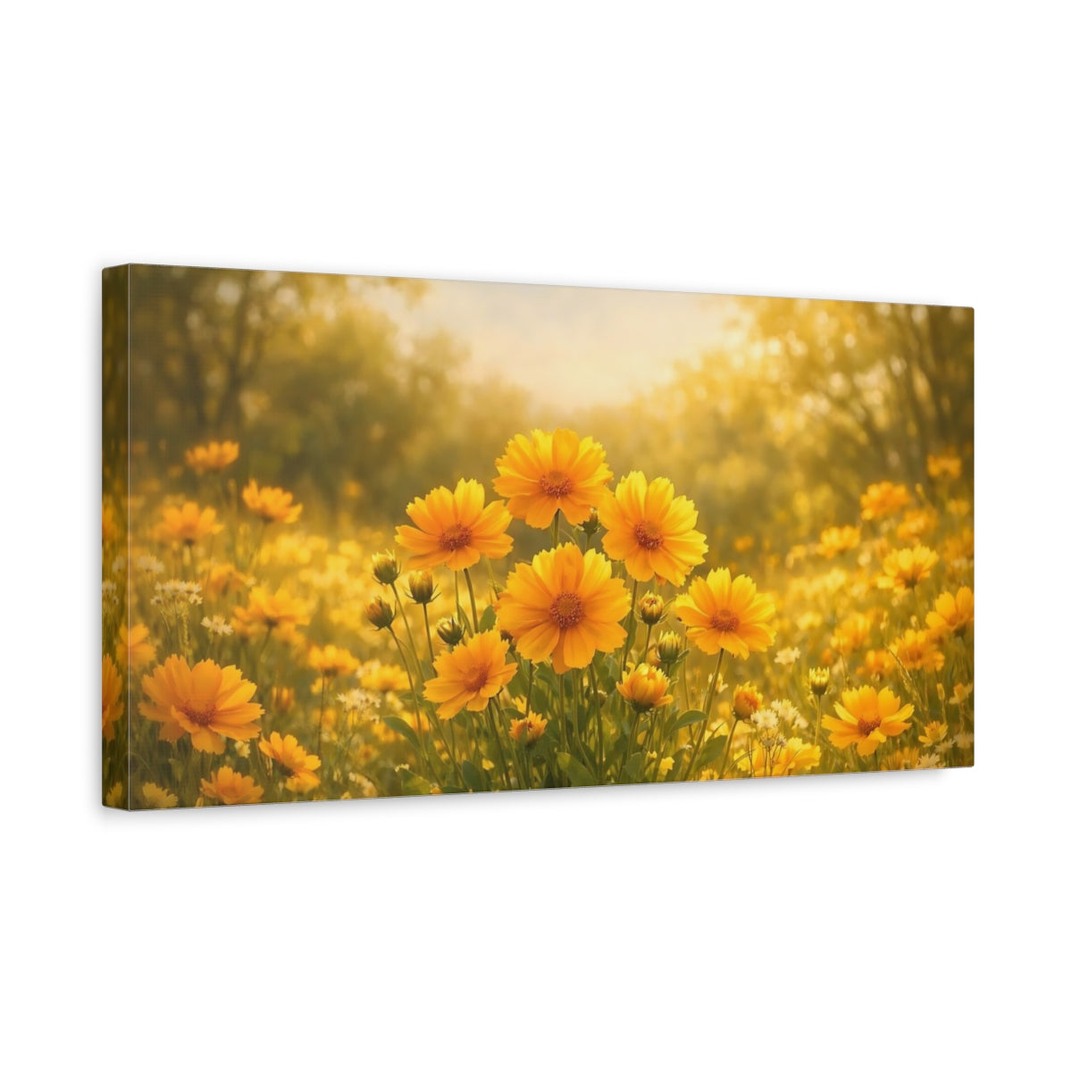 Side Mockup 3. Floral Yellow Flowers Yellow And Gold shown as stretched canvas wall art
