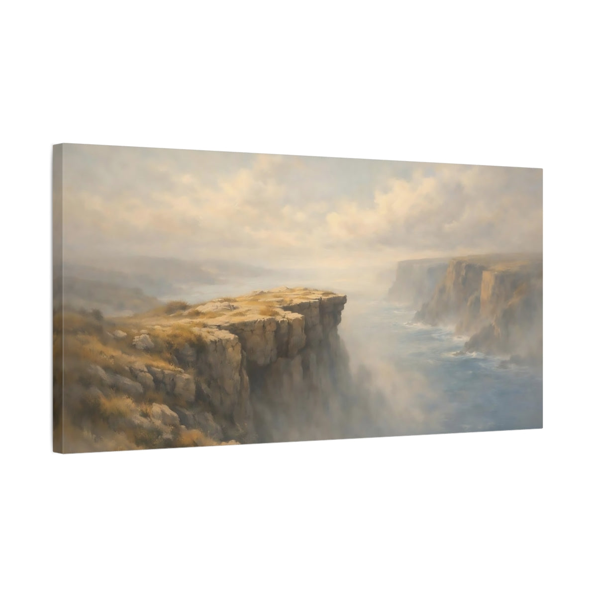 Side Mockup 2. Nature Coastal Cliffs Misty Coastal Scene shown as stretched canvas wall art