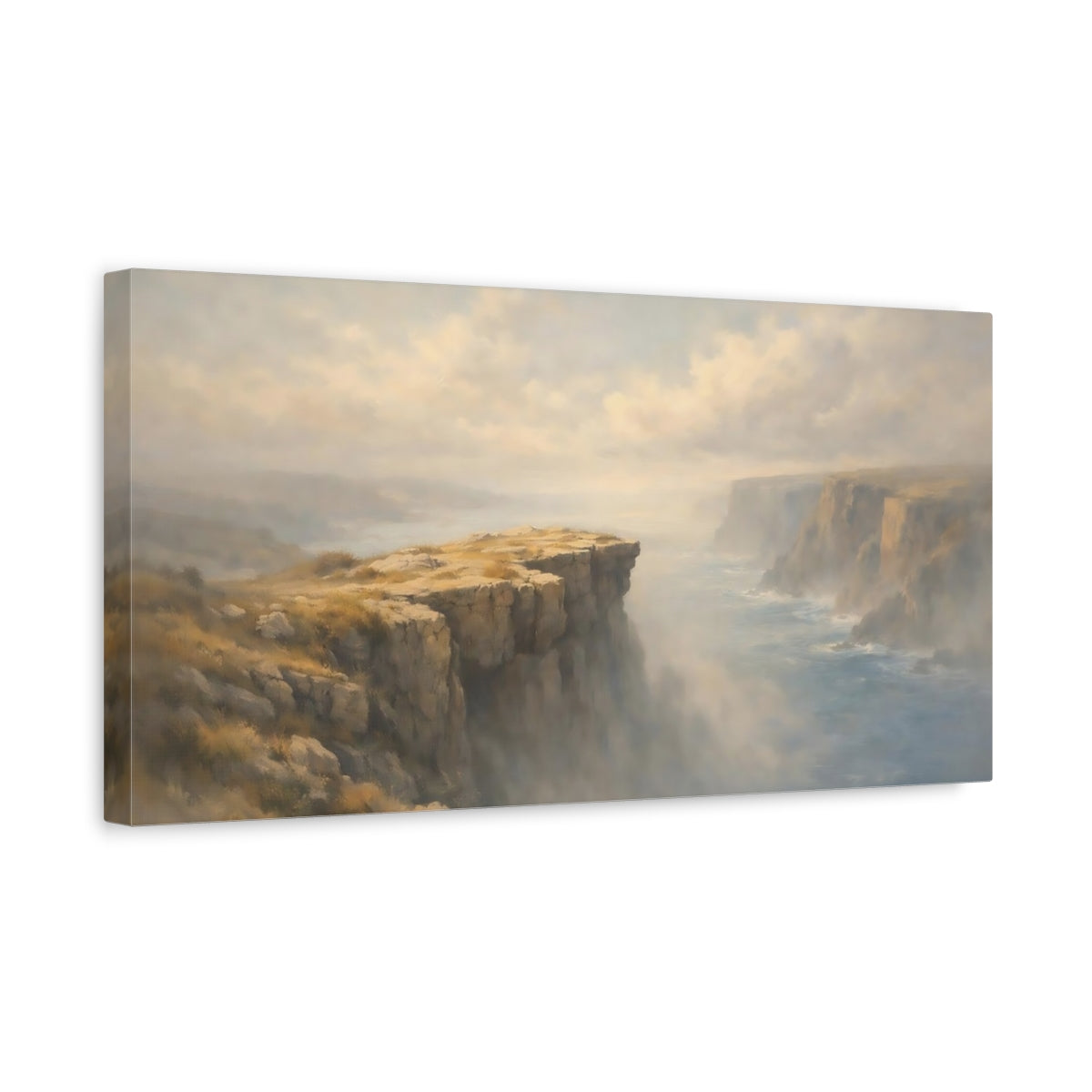 Side Mockup 3. Nature Coastal Cliffs Misty Coastal Scene shown as stretched canvas wall art