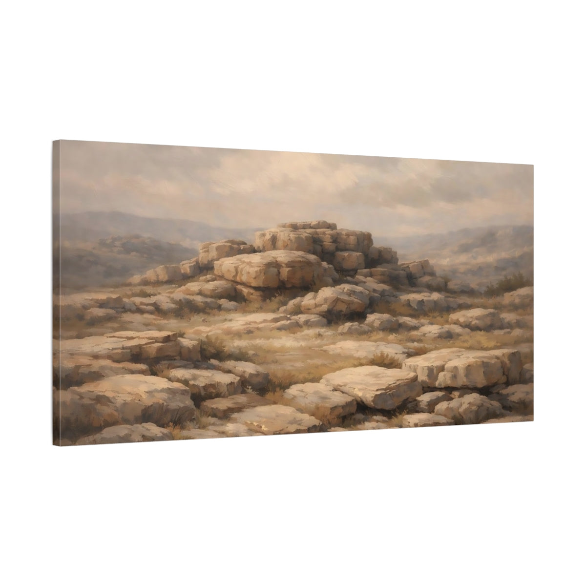 Side Mockup 1. Nature Rock Formations Brown And Grey Rocks shown as stretched canvas wall art