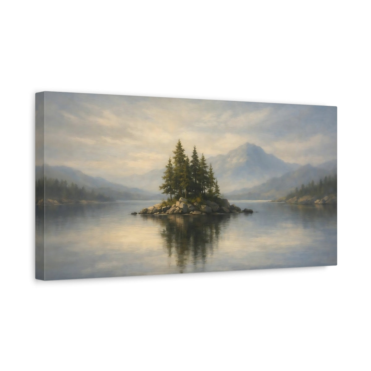 Side Mockup 3. Nature Pine Island Misty Lake Island shown as stretched canvas wall art