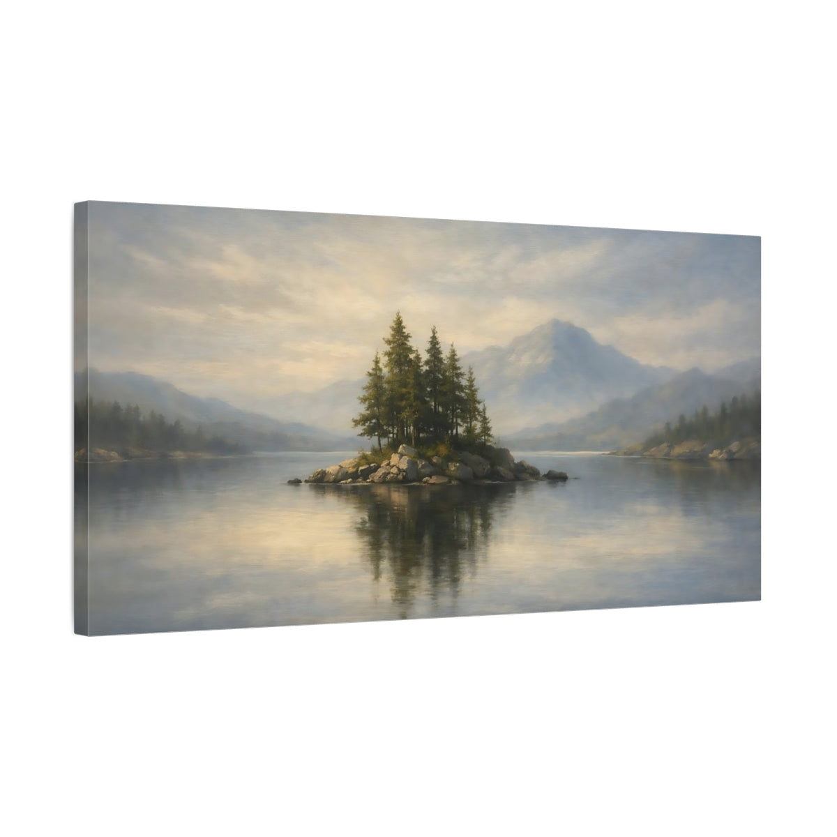Side Mockup 2. Nature Pine Island Misty Lake Island shown as stretched canvas wall art