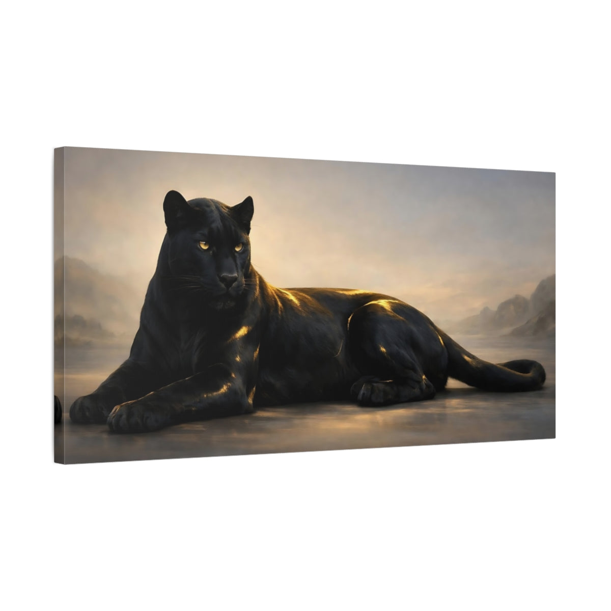 Side Mockup 2. Animals Black Panther Black And Gold shown as stretched canvas wall art