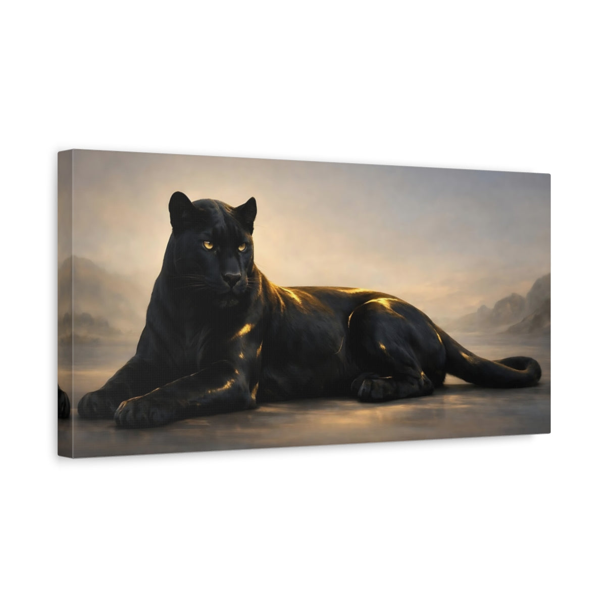 Side Mockup 3. Animals Black Panther Black And Gold shown as stretched canvas wall art