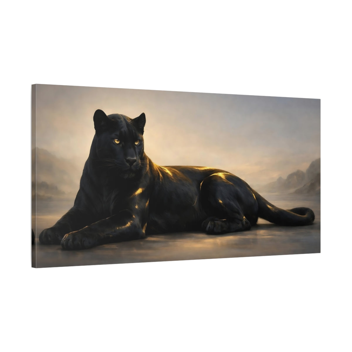 Side Mockup 1. Animals Black Panther Black And Gold shown as stretched canvas wall art