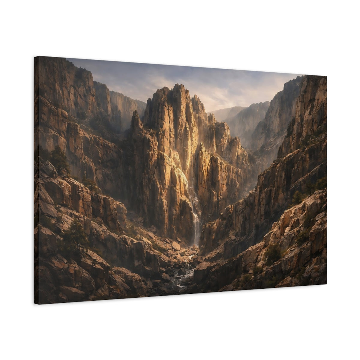 Side Mockup 1. Nature Mountain Waterfall Brown Gold Canyon shown as stretched canvas wall art