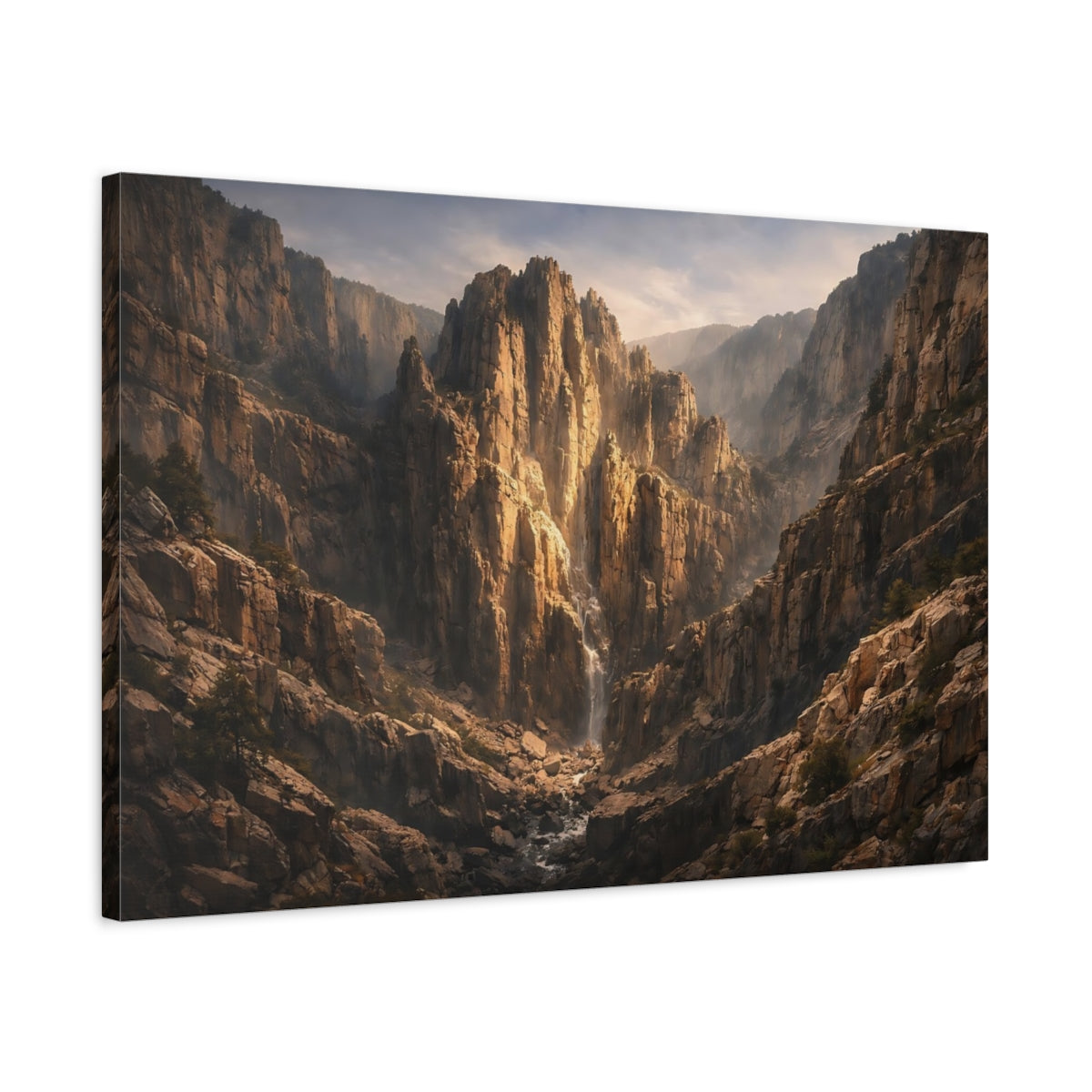 Side Mockup 2. Nature Mountain Waterfall Brown Gold Canyon shown as stretched canvas wall art