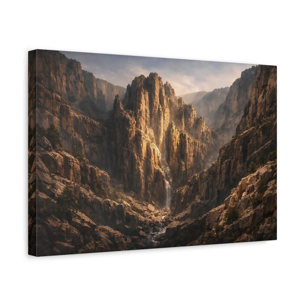 Side Mockup 4. Nature Mountain Waterfall Brown Gold Canyon shown as stretched canvas wall art