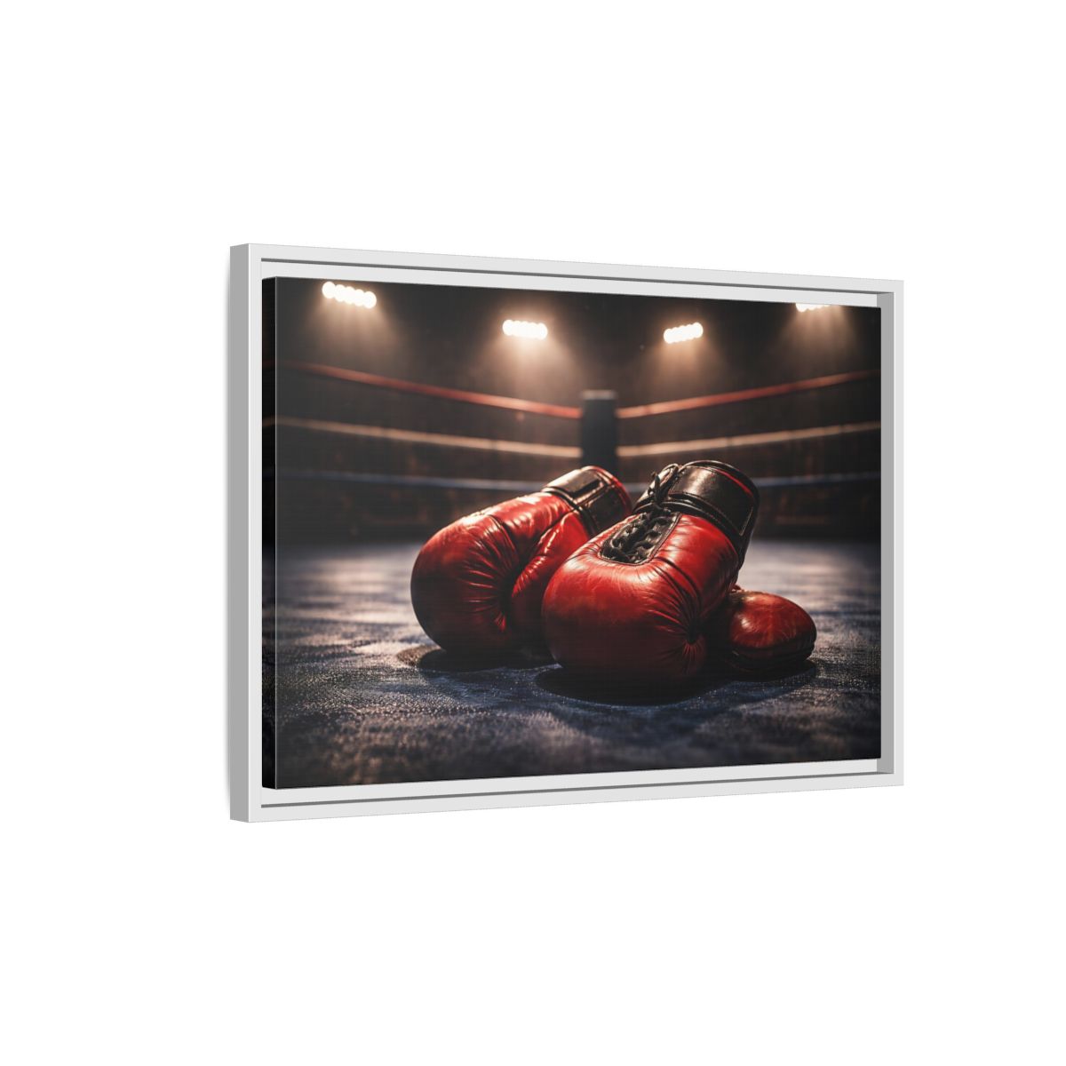 Side Mockup 1. Sports Boxing Gloves Red Boxing Gloves shown as stretched canvas wall art