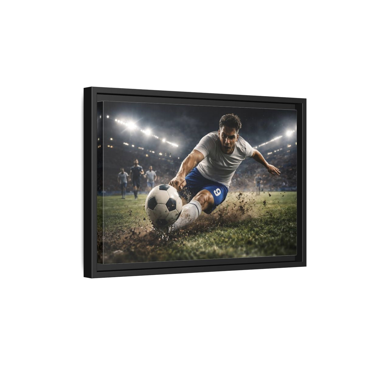 Side Mockup 6. Sports Soccer Player Soccer Action shown as stretched canvas wall art
