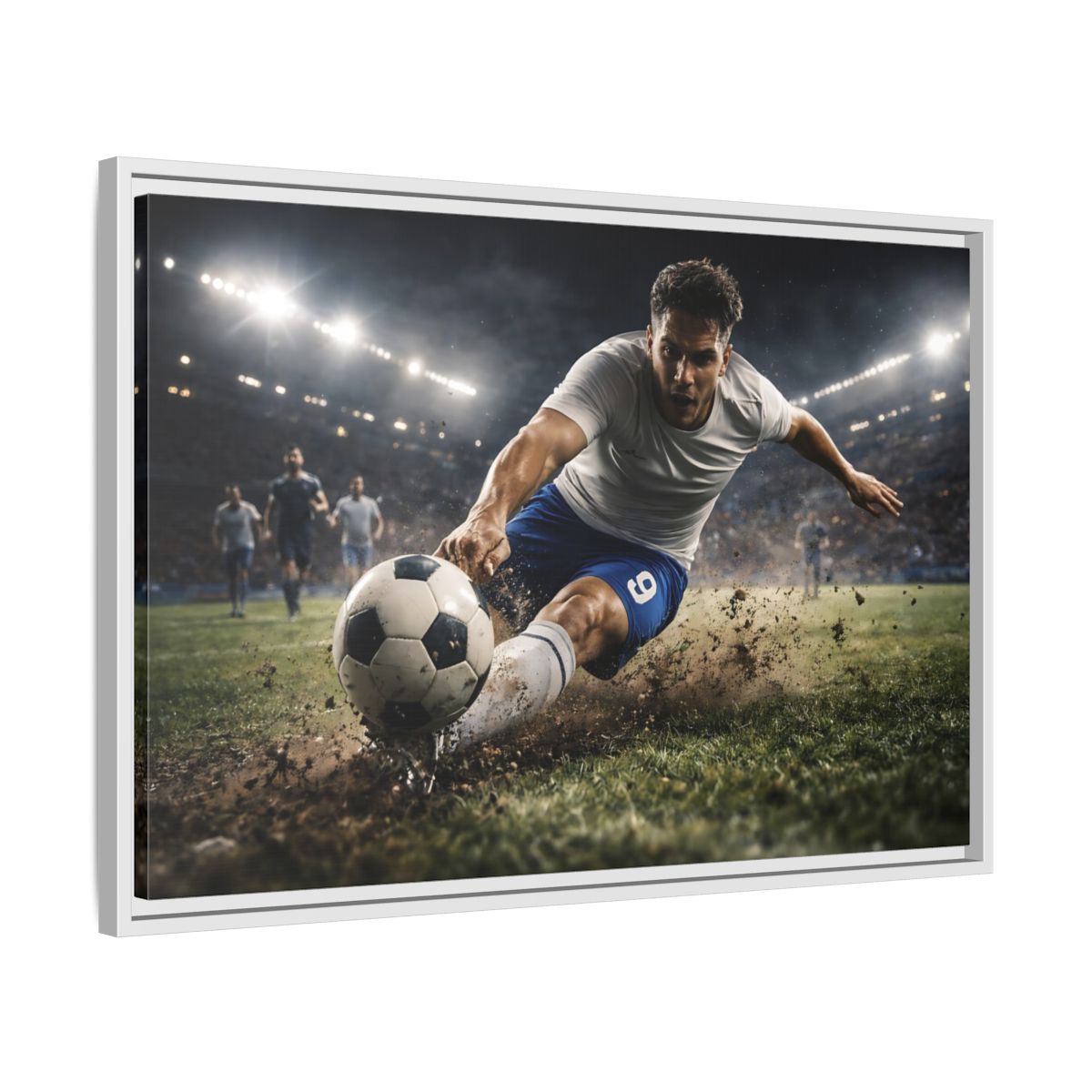 Side Mockup 10. Sports Soccer Player Soccer Action shown as stretched canvas wall art