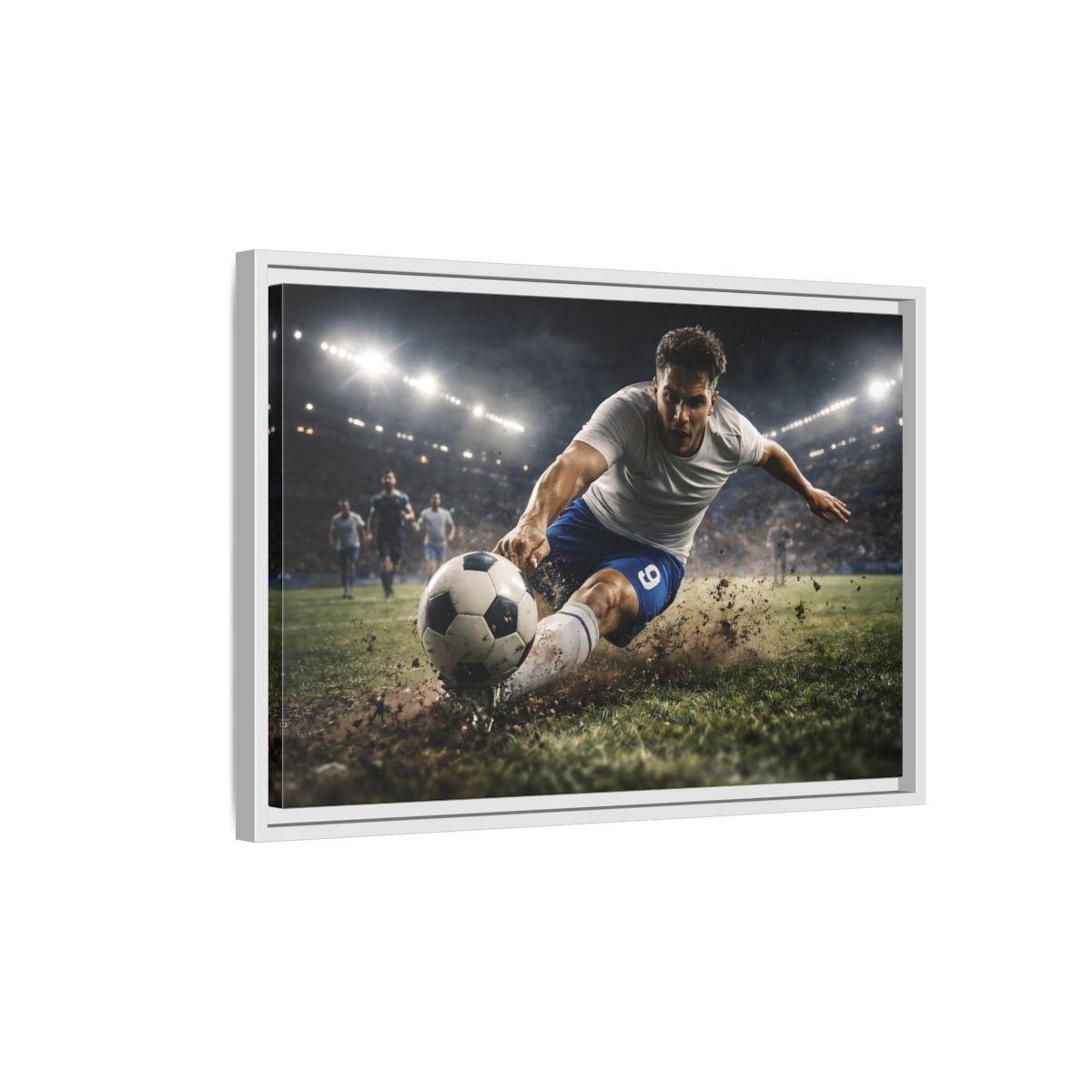 Side Mockup 1. Sports Soccer Player Soccer Action shown as stretched canvas wall art