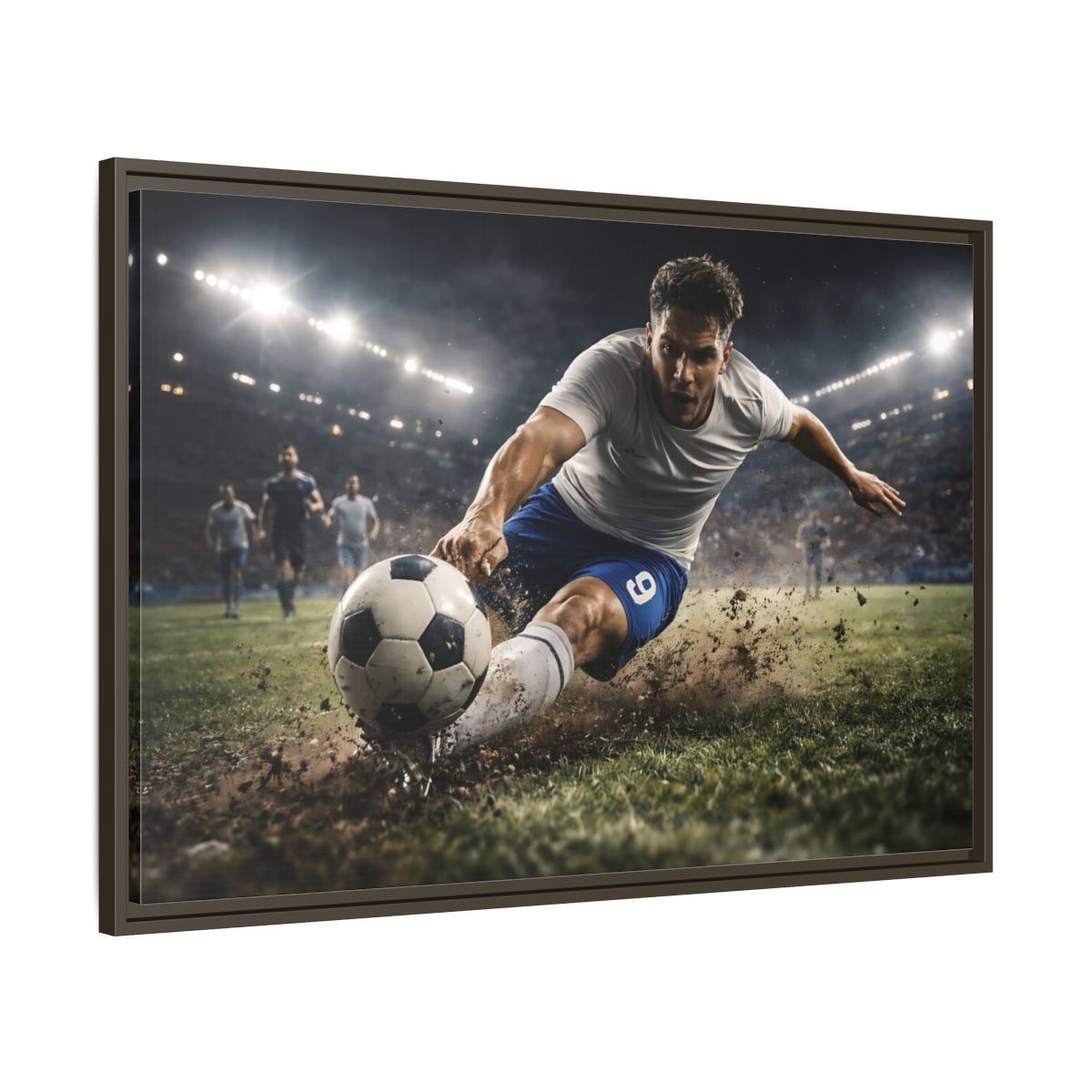 Side Mockup 9. Sports Soccer Player Soccer Action shown as stretched canvas wall art