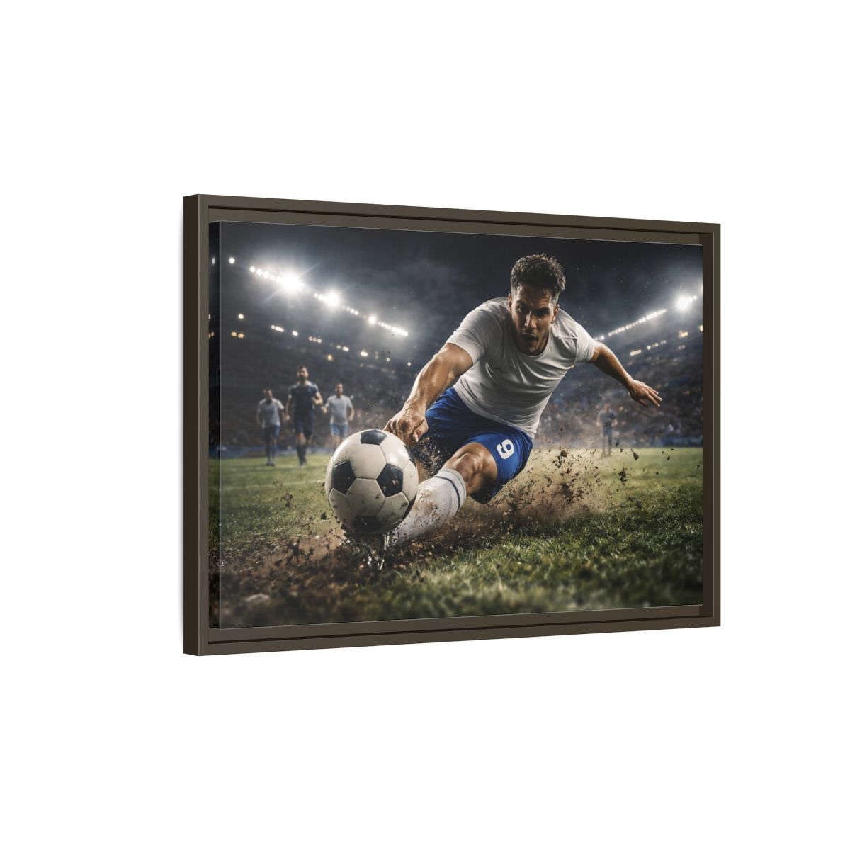 Side Mockup 2. Sports Soccer Player Soccer Action shown as stretched canvas wall art