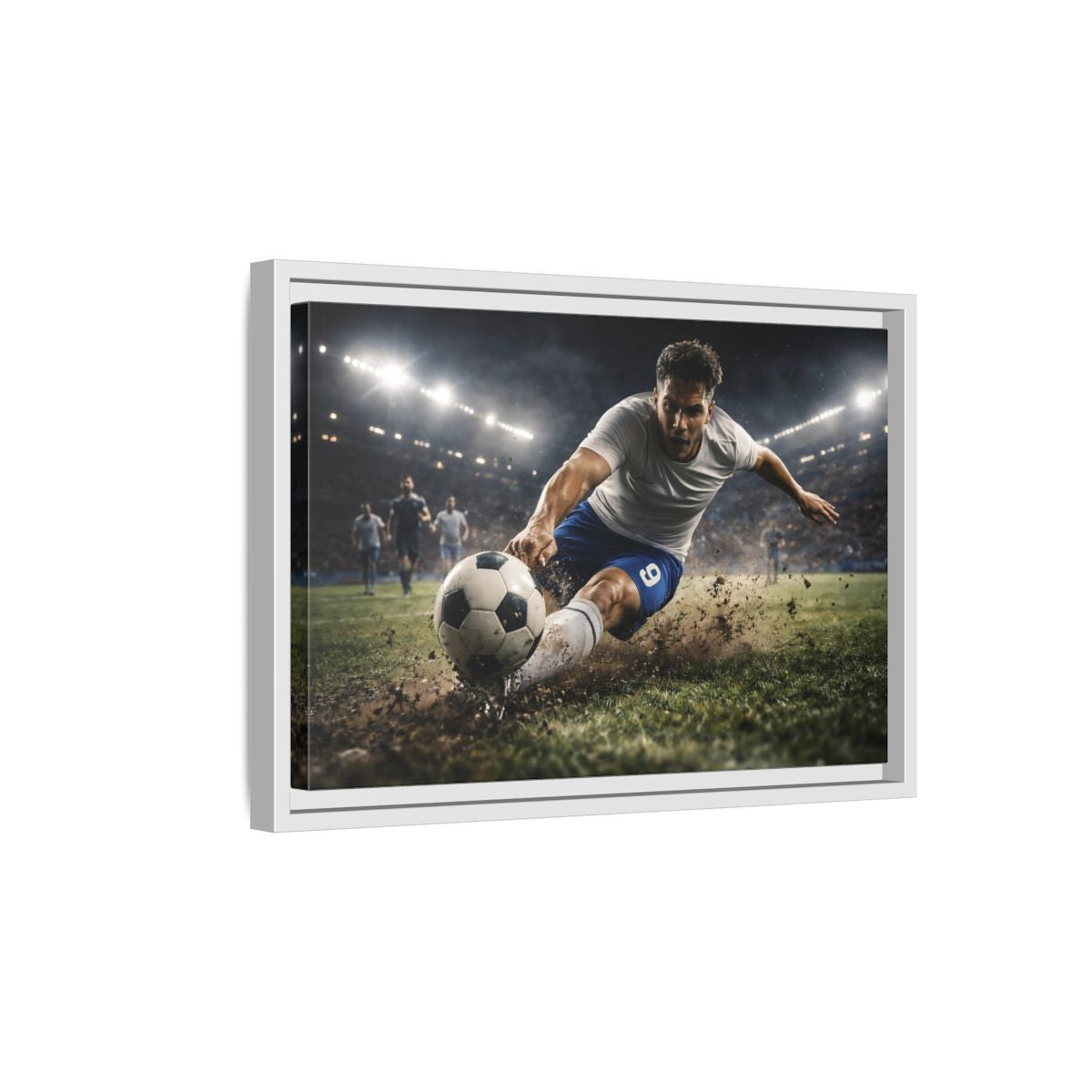 Side Mockup 4. Sports Soccer Player Soccer Action shown as stretched canvas wall art