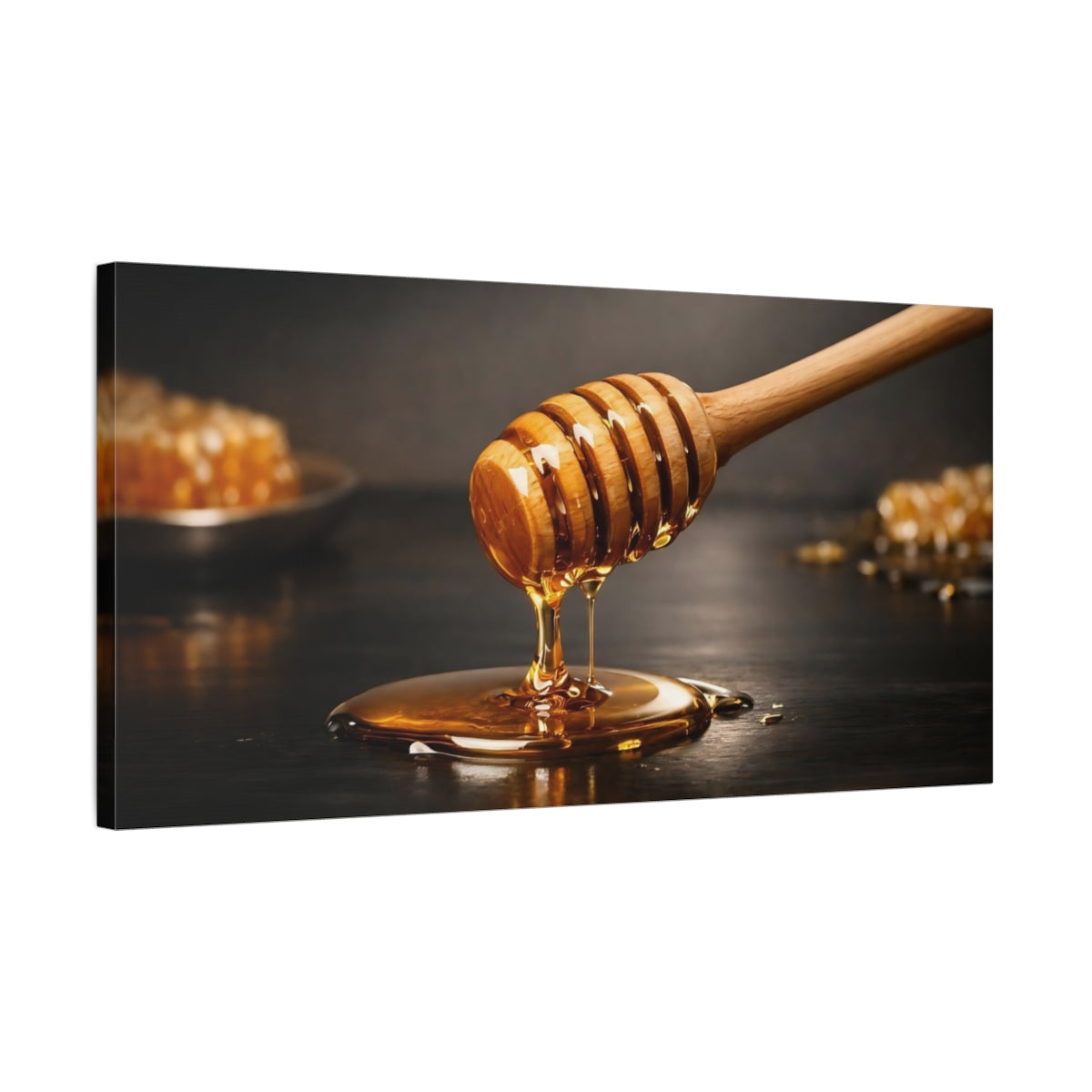 Side Mockup 2. Nature Honey Dipper Golden Honey shown as stretched canvas wall art