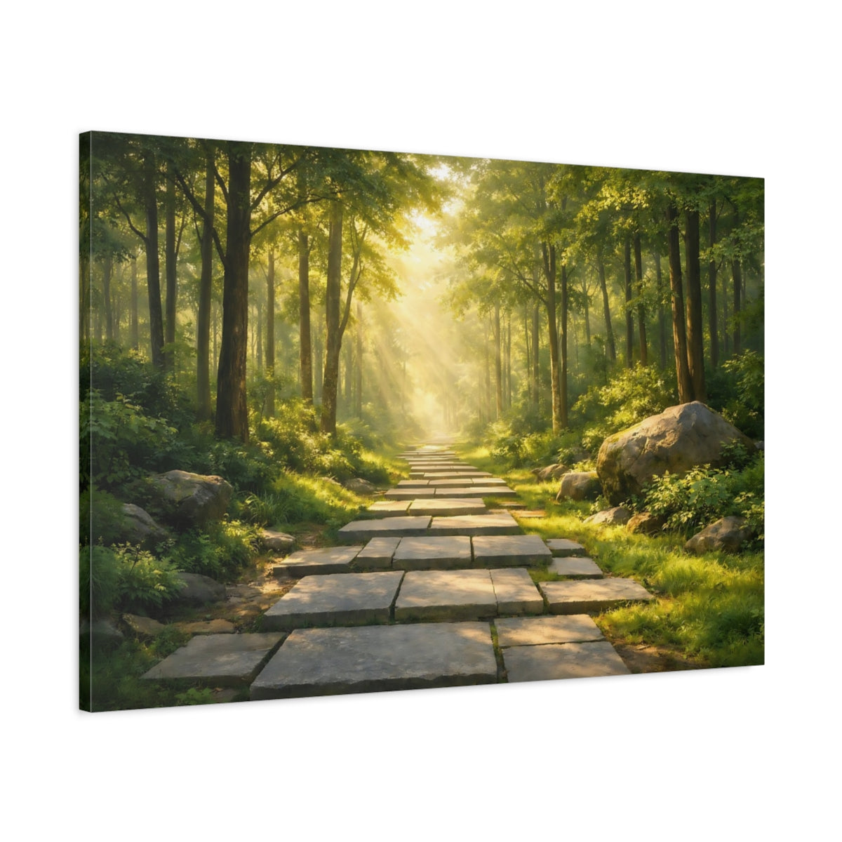 Side Mockup 1. Nature Forest Path Green Forest Path shown as stretched canvas wall art