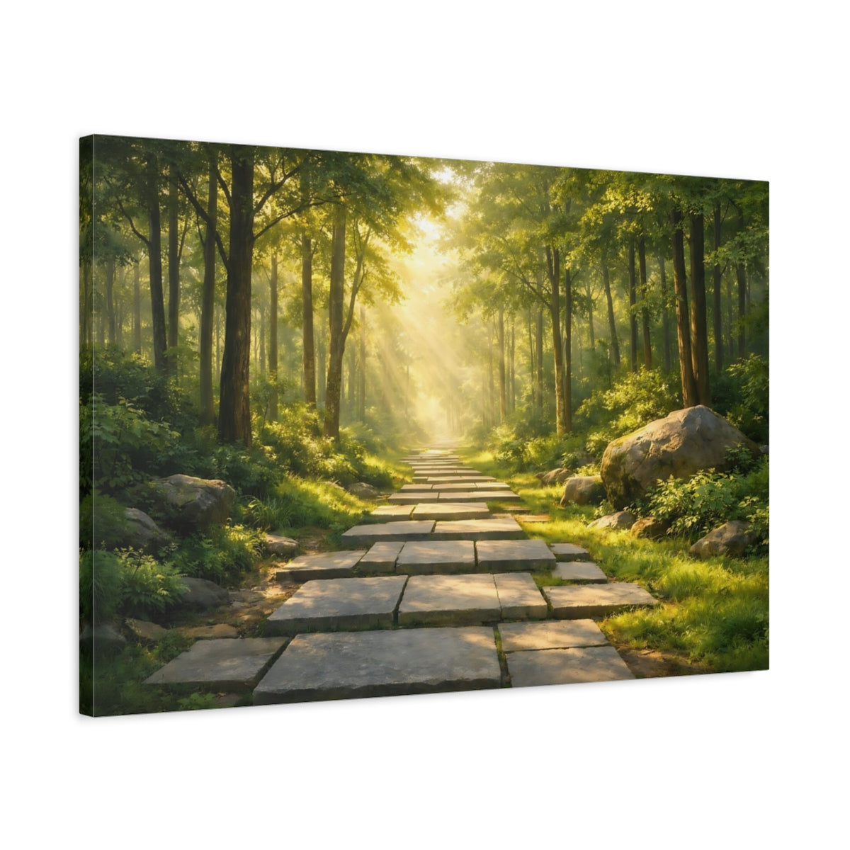 Side Mockup 2. Nature Forest Path Green Forest Path shown as stretched canvas wall art