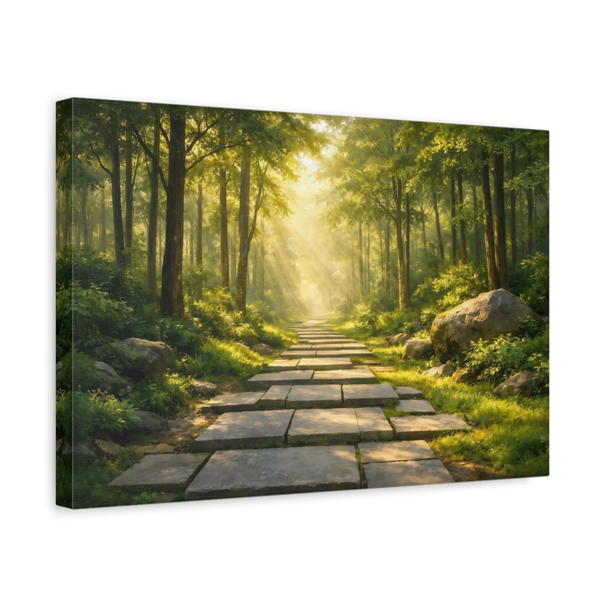 Side Mockup 4. Nature Forest Path Green Forest Path shown as stretched canvas wall art