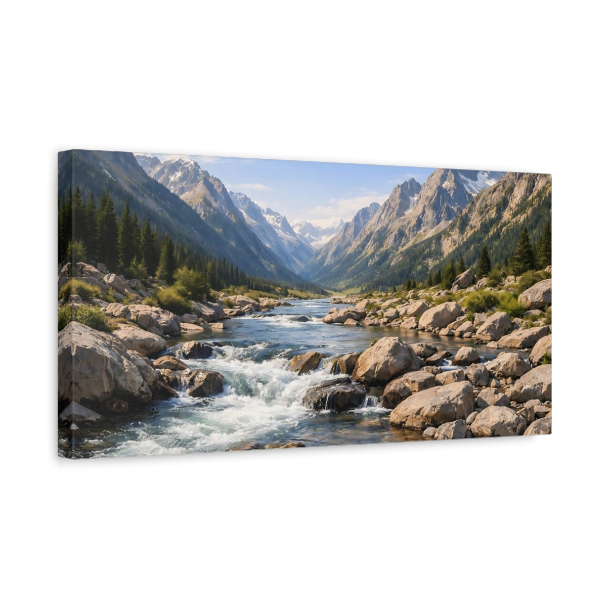 Side Mockup 3. Nature Mountain River Mountain River Valley shown as stretched canvas wall art