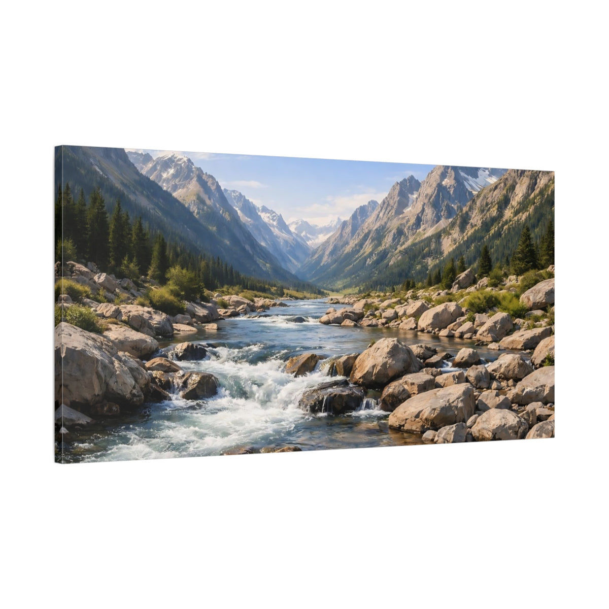 Side Mockup 1. Nature Mountain River Mountain River Valley shown as stretched canvas wall art
