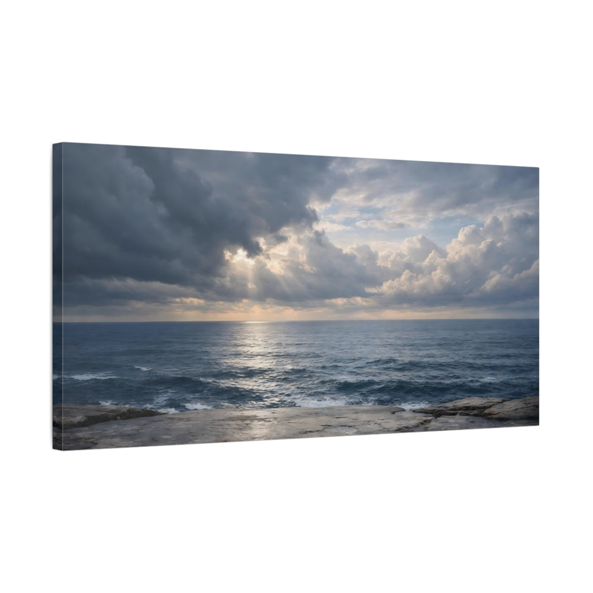 Side Mockup 2. Nature Ocean Blue And Grey shown as stretched canvas wall art