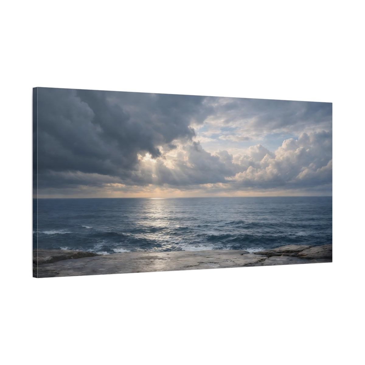 Side Mockup 1. Nature Ocean Blue And Grey shown as stretched canvas wall art