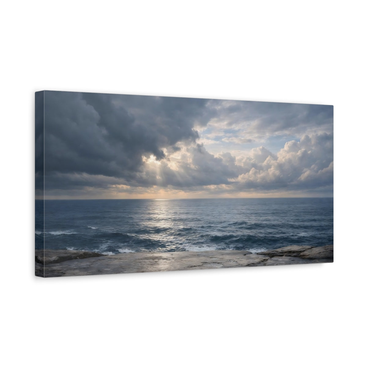 Side Mockup 3. Nature Ocean Blue And Grey shown as stretched canvas wall art