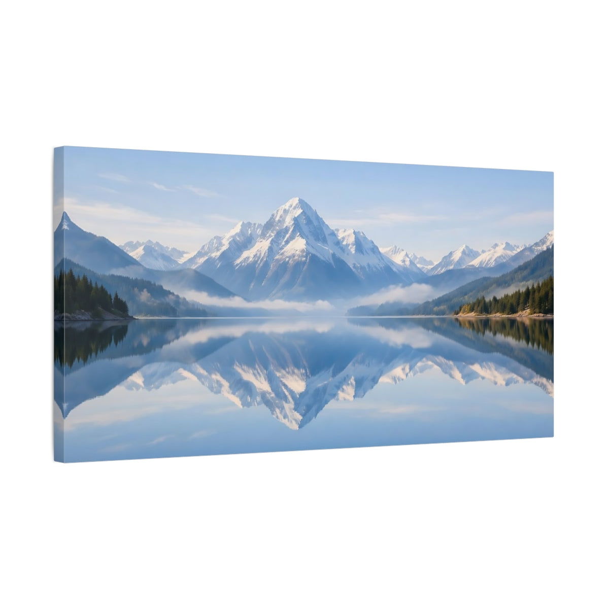Side Mockup 2. Nature Snowy Mountains Blue Mountain Lake shown as stretched canvas wall art
