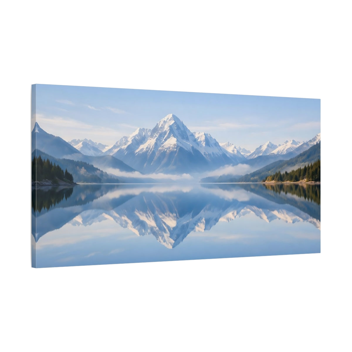 Side Mockup 1. Nature Snowy Mountains Blue Mountain Lake shown as stretched canvas wall art