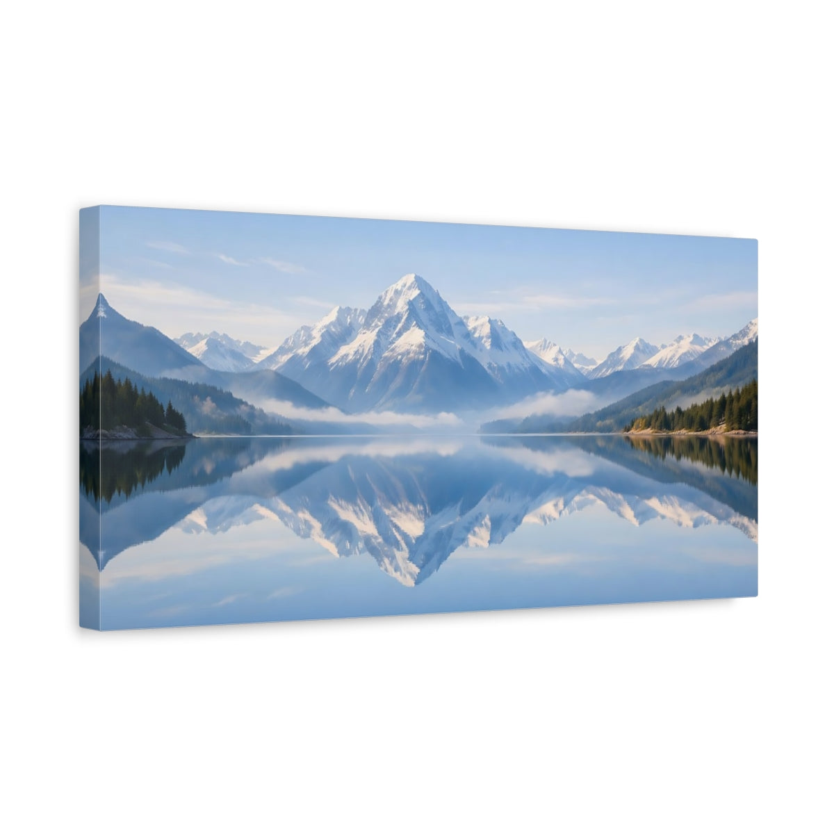 Side Mockup 3. Nature Snowy Mountains Blue Mountain Lake shown as stretched canvas wall art