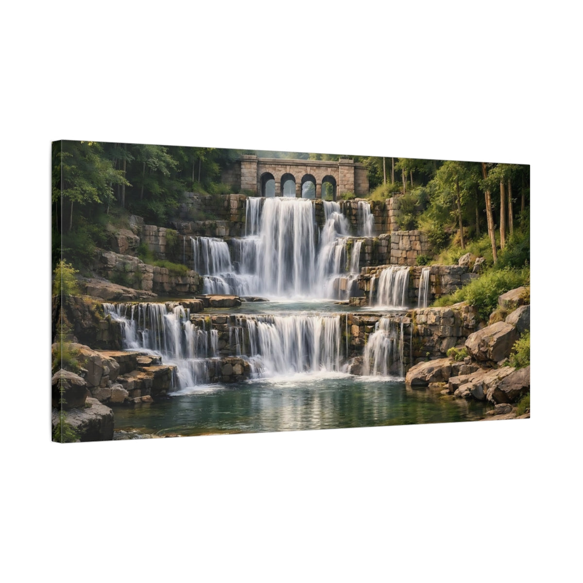 Side Mockup 2. Nature Waterfall Green And Brown shown as stretched canvas wall art