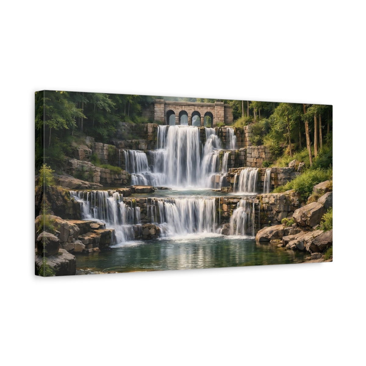Side Mockup 3. Nature Waterfall Green And Brown shown as stretched canvas wall art