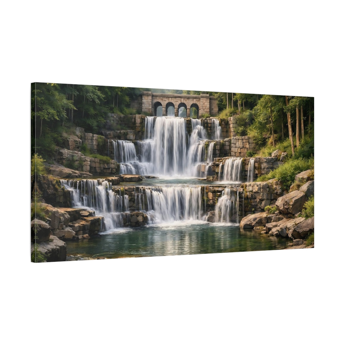 Side Mockup 1. Nature Waterfall Green And Brown shown as stretched canvas wall art