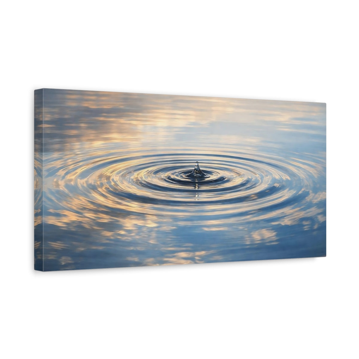 Side Mockup 3. Nature Water Droplet Blue And Gold Water shown as stretched canvas wall art